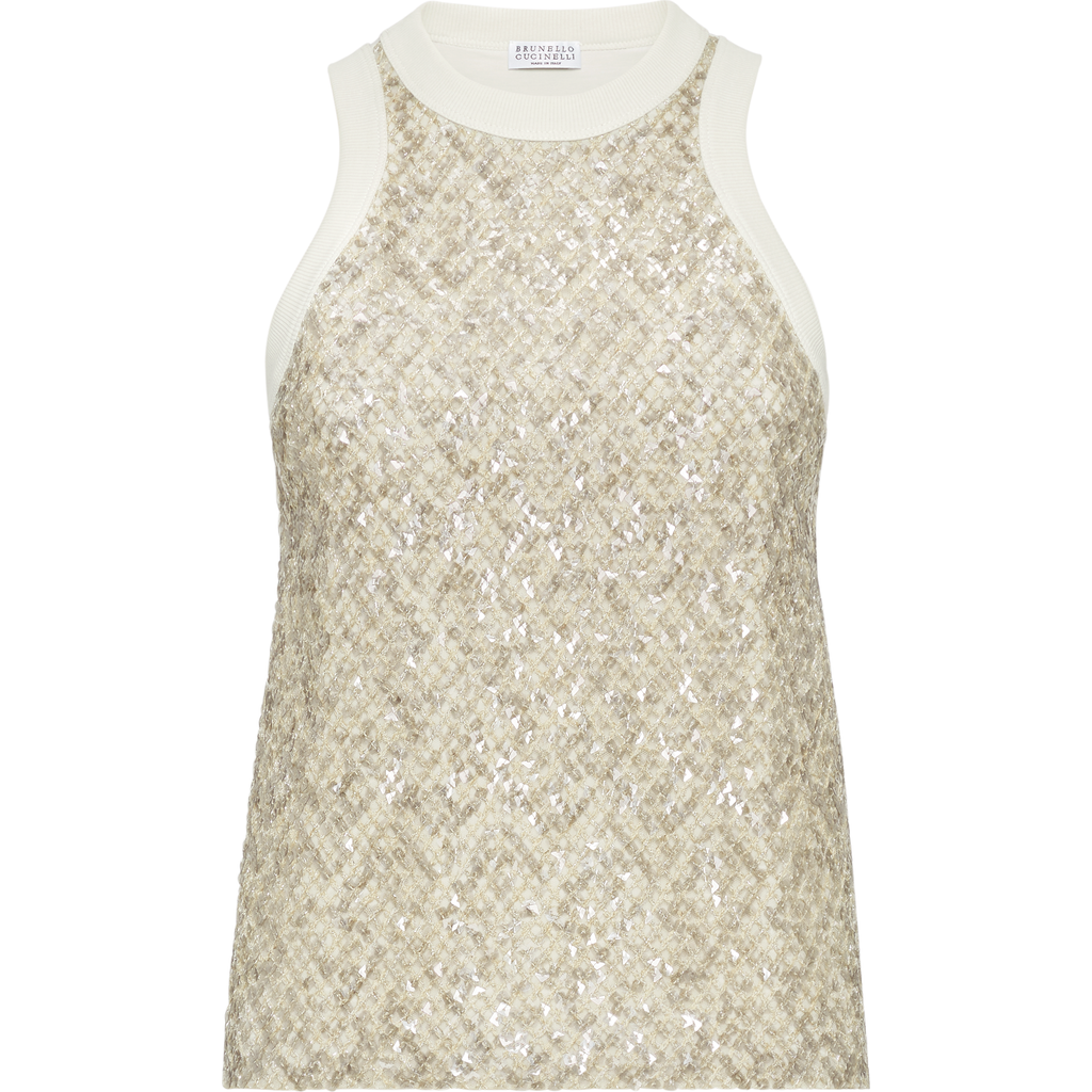 Brunello Cucinelli Stretch Cotton Jersey Top With Dazzling Net Embroidery In Gray