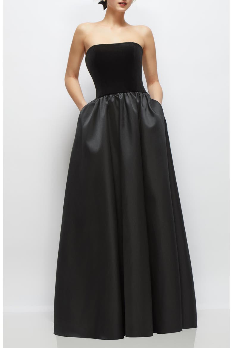 Strapless Mixed Media Gown, Main, color, BLACK