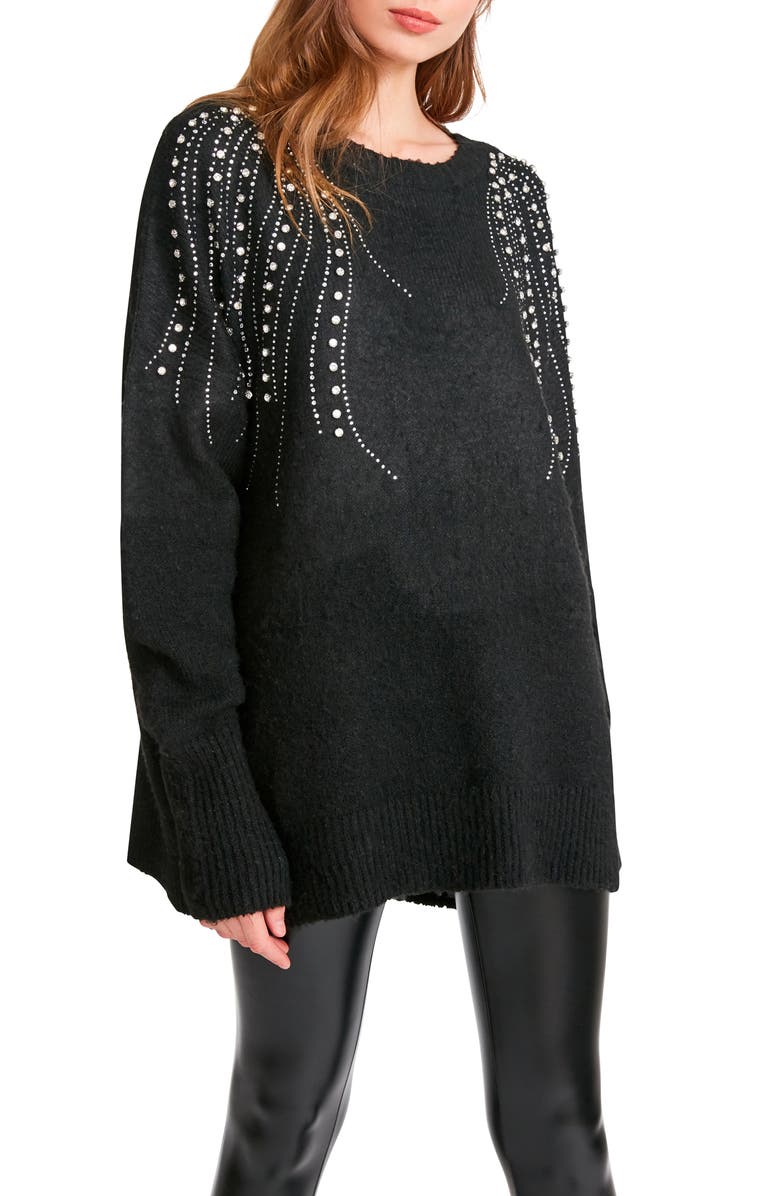 BB Dakota by Steve Madden Drip Too Hard Embellished Oversize Sweater, Alternate, color, Black