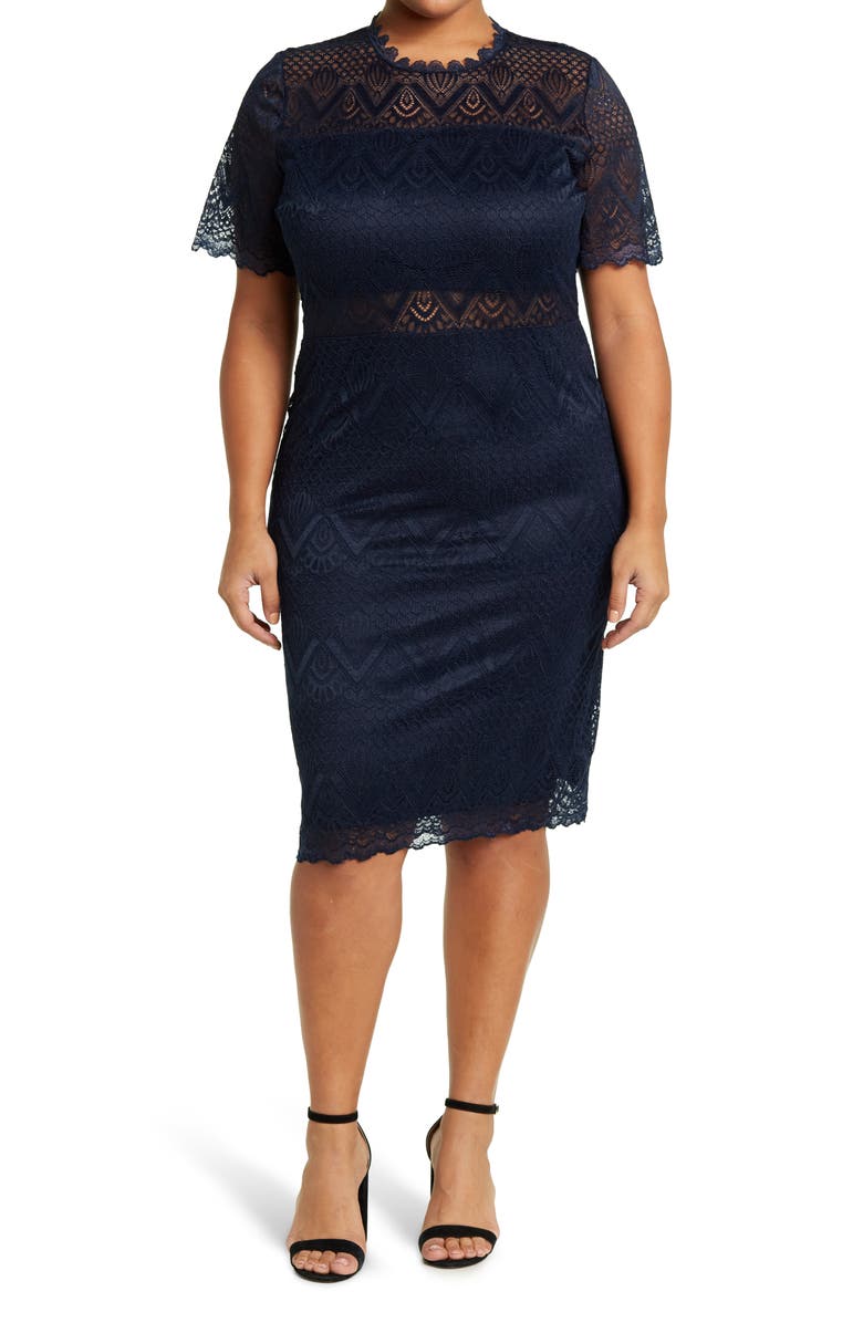 BY DESIGN Lucie Elbow Length Sleeve Lace Dress, Main, color, Navy Blazer
