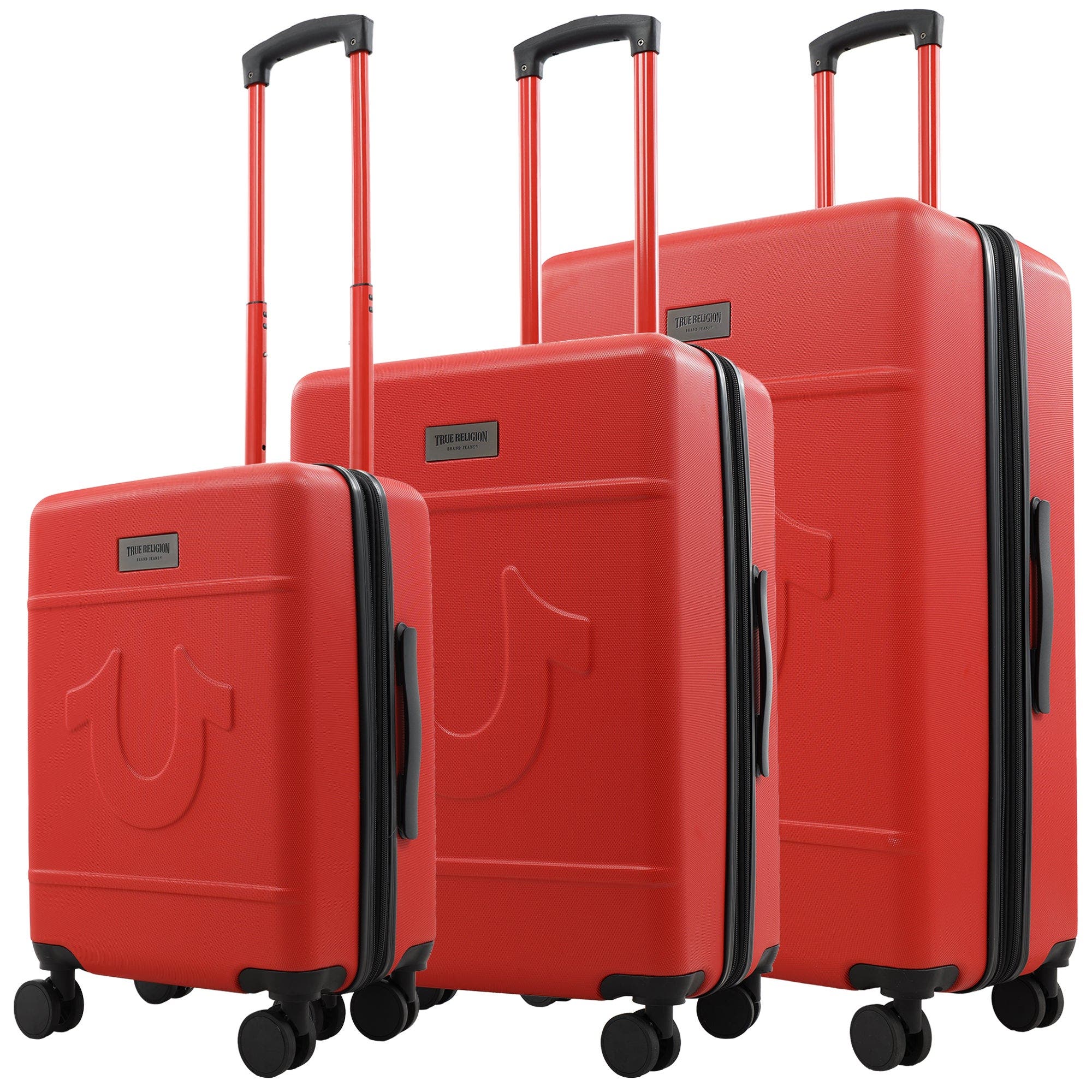 True Religion Molded U 3-piece Hardside Spinner Luggage Set 22", 26.5" & 30.5" Expandable Suitcases In Red