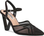 LADY COUTURE Mesh Satin Rhinestone  Ankle Strap Metallic Heel Pump