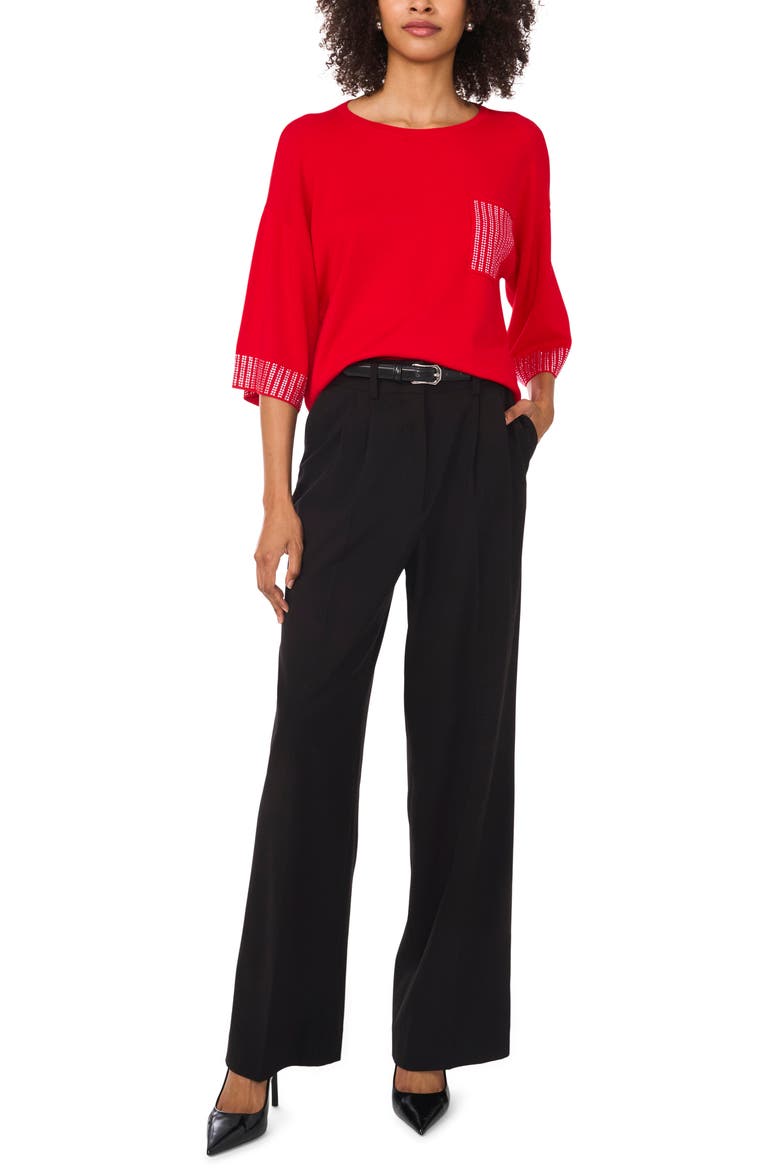 Embellished Trim Three-Quarter Sleeve Sweater, Alternate, color, BRIGHT CHERRY