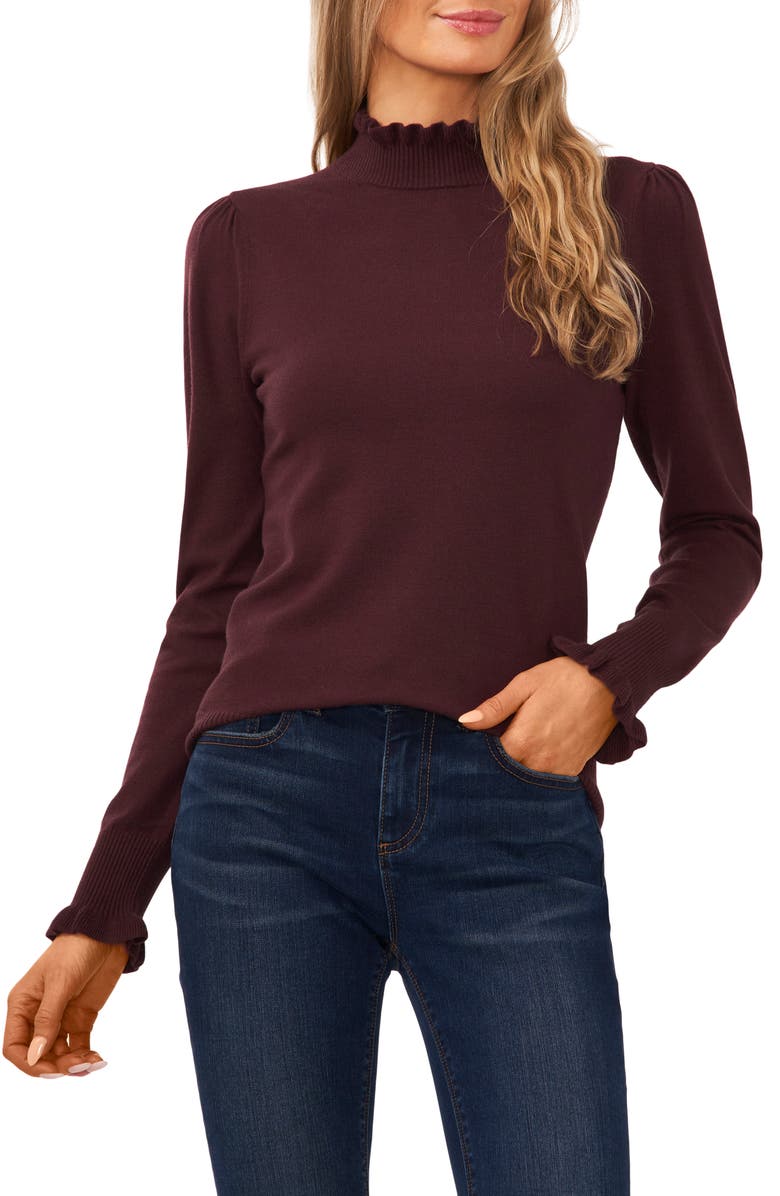 CeCe Ruffle Mock Neck Sweater, Main, color, Dark Cocoa Brown