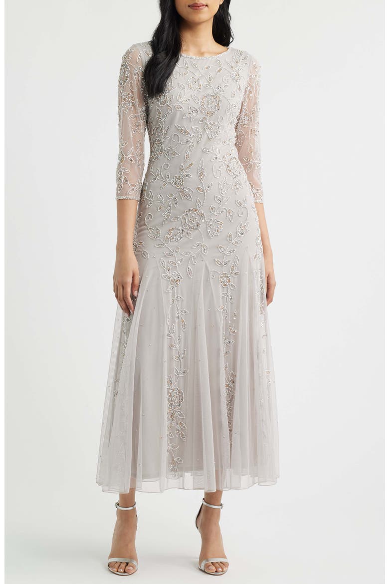 Beaded Tulle A-Line Gown, Main, color, SILVER