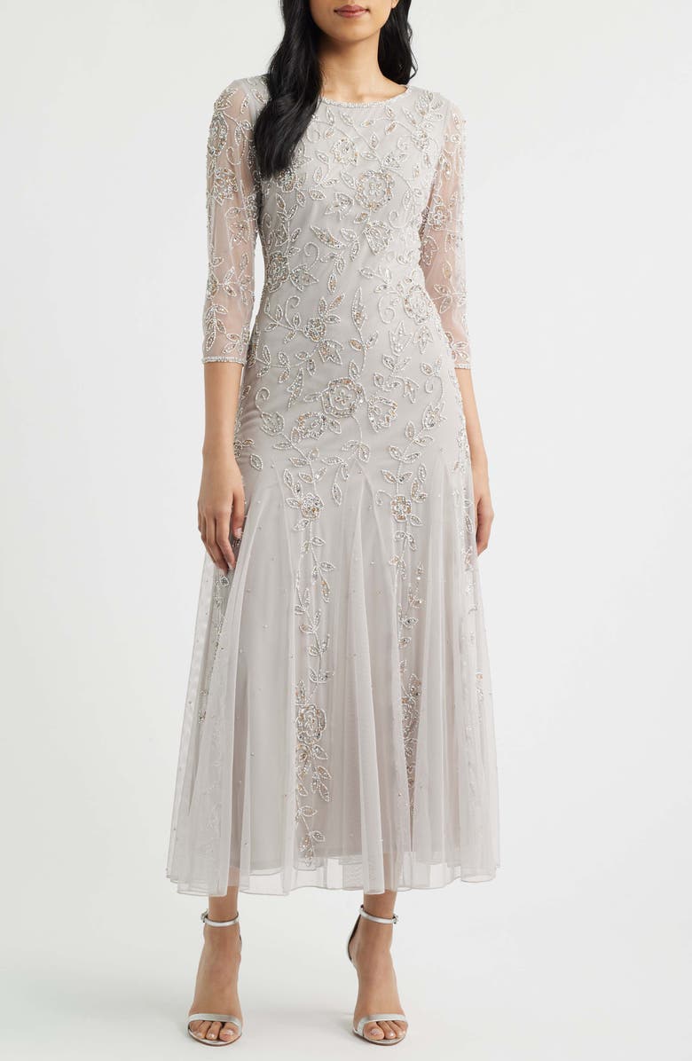Pisarro Nights Beaded Tulle A-Line Gown, Main, color, Silver