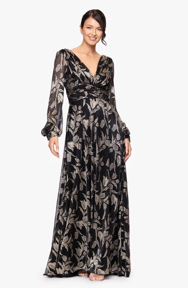 Betsy & Adam Metallic Floral Long Sleeve Crinkle Mesh Gown, Alternate, color, Black/Gold