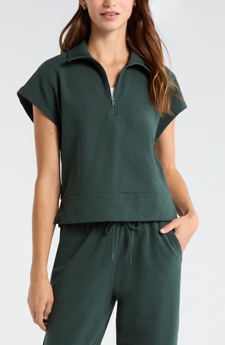 Zella Tempo Terry Half Zip Short Sleeve Sweatshirt, Main, color, Green Timber
