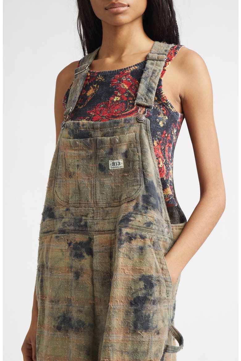 Overdyed Plaid Cotton Flannel Jumbo Overalls, Alternate, color, BLEACHED ORANGE GREEN PLAID