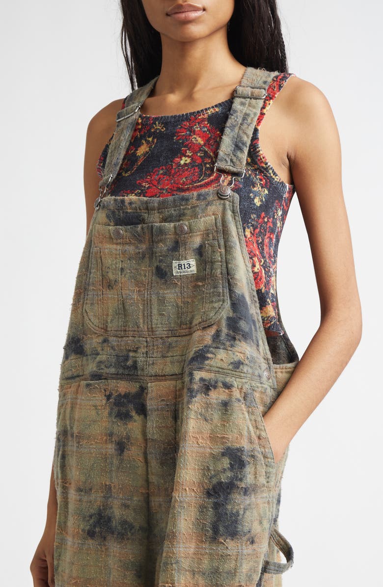 R13 Overdyed Plaid Cotton Flannel Jumbo Overalls, Alternate, color, Bleached Orange Green Plaid