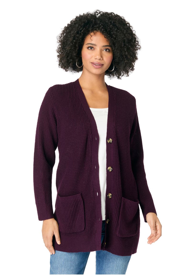 Waffle Button Front Cardigan, Main, color, DARK BERRY