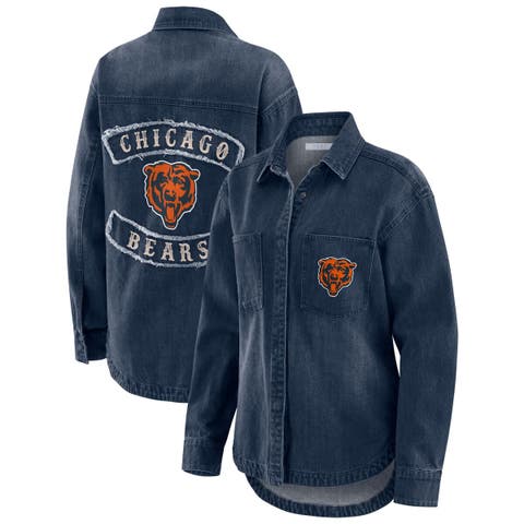 Women's WEAR by Erin Andrews Denim Chicago Bears Washed Oversized Denim Full-Snap Shacket