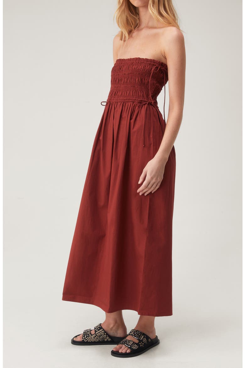 Smocked Strapless Cotton Midi Dress, Alternate, color, RUST