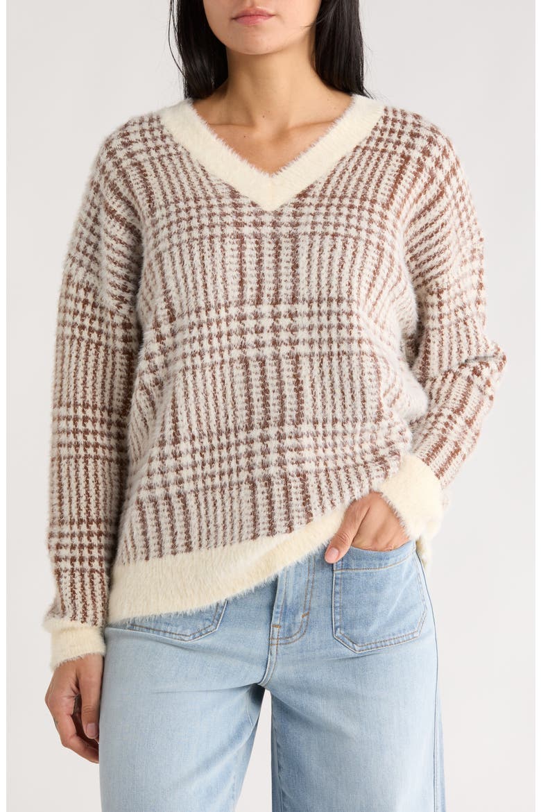 Plaid V-Neck Sweater, Main, color, BROWN