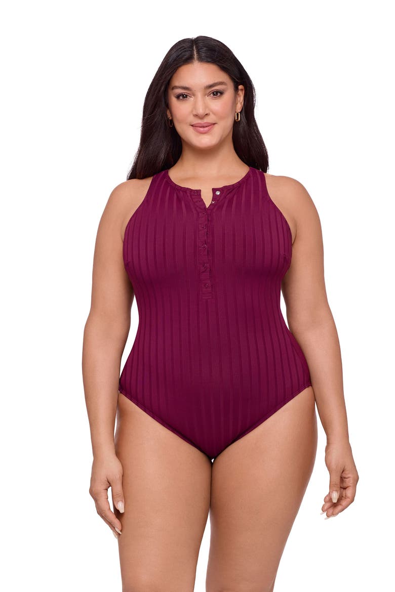 Smoothing and Sculpting Wide Rib Snap High Neck One-Piece Swimsuit, Main, color, Cherry Mocha Wide Rib