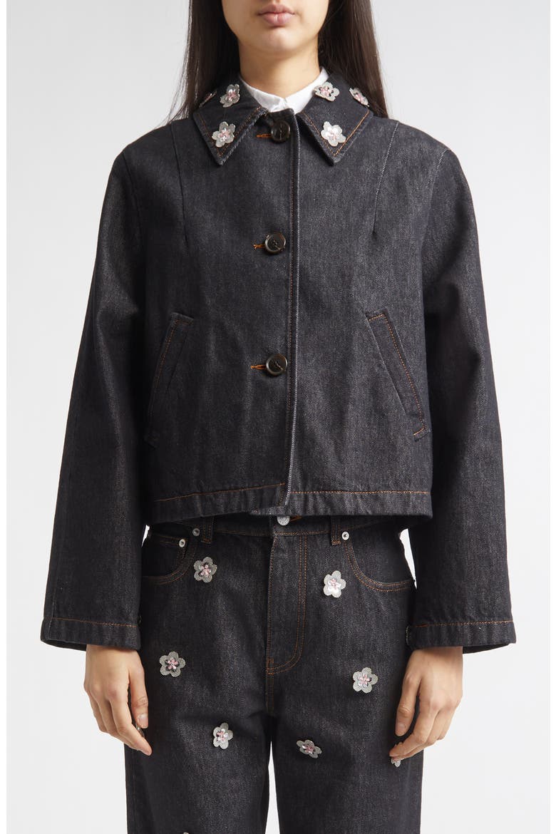 Daisy Appliqué Denim Jacket, Main, color, EMB99BLUBLACK
