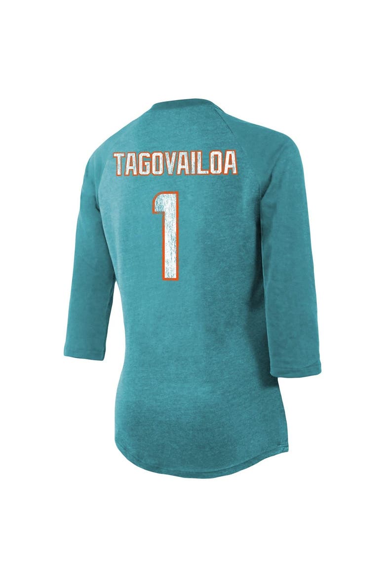 Women's Majestic Threads Tua Tagovailoa Aqua Miami Dolphins Player Name & Number Tri-Blend 3/4-Sleeve Fitted T-Shirt, Alternate, color, Aqua