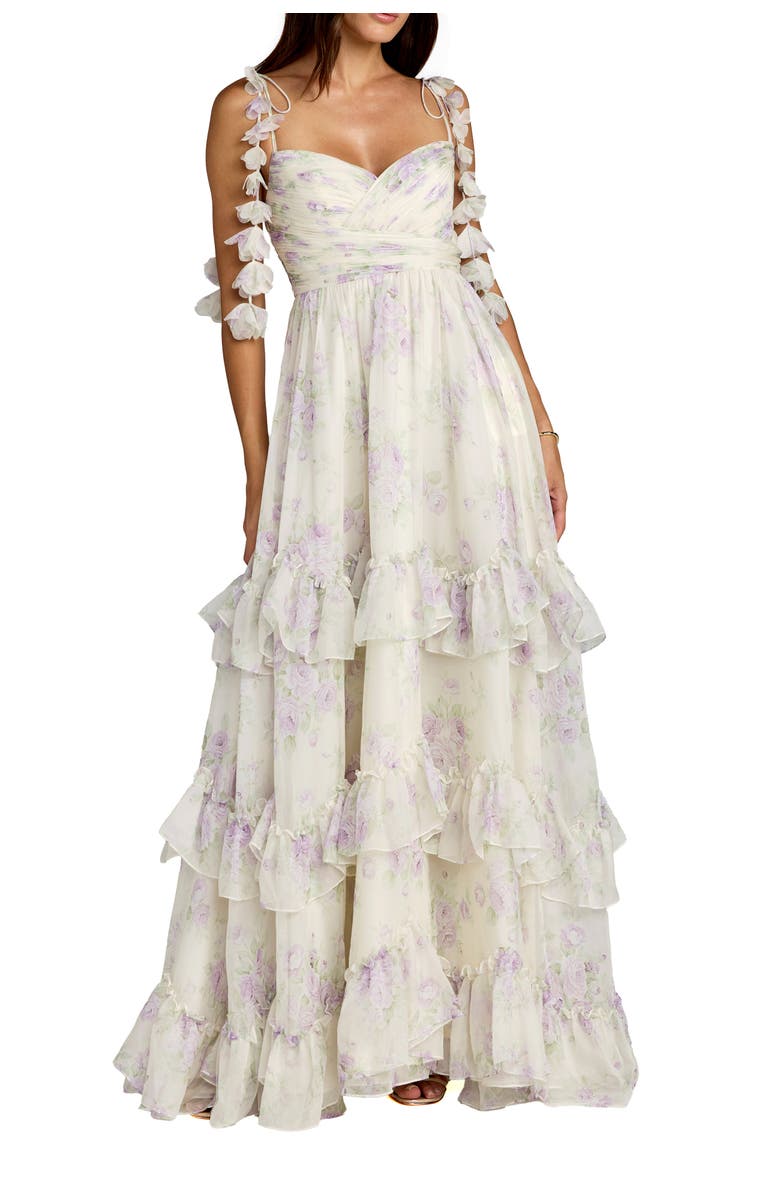 Mac Duggal Floral Print Long Flare Sleeve Mesh A-Line Dress, Main, color, Ivory Multi