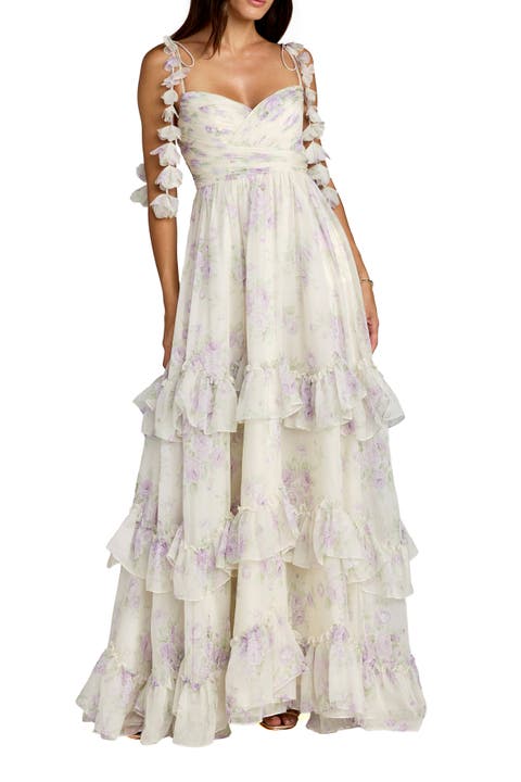 Floral Print Long Flare Sleeve Mesh A-Line Dress