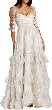 Mac Duggal Floral Print Long Flare Sleeve Mesh A-Line Dress