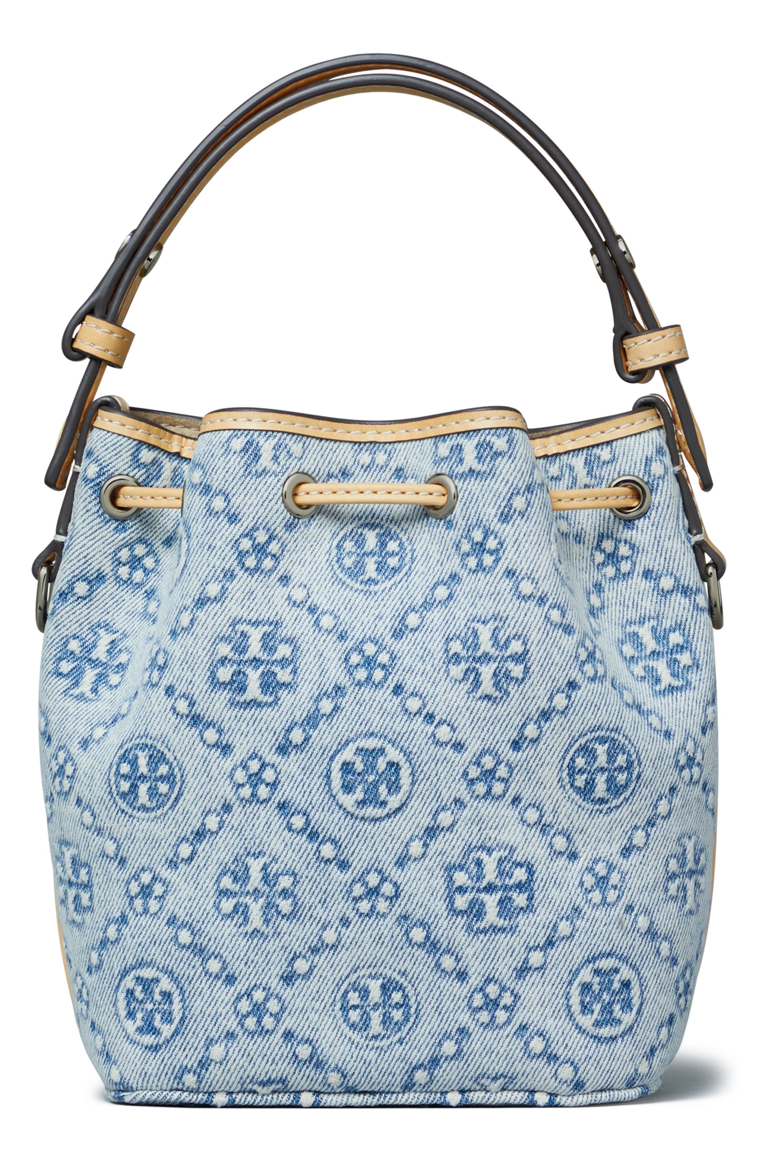 Tory Burch Mini T Monogram Denim Bucket Bag, Alternate, color, Powder Blue