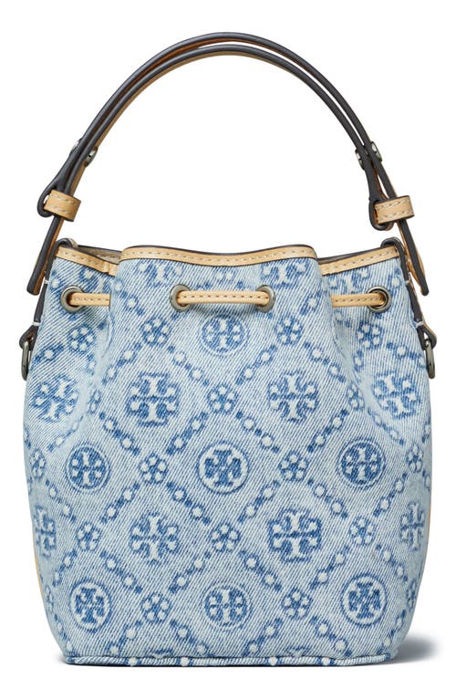 Tory Burch Mini T Monogram Denim Bucket Bag In Powder Blue