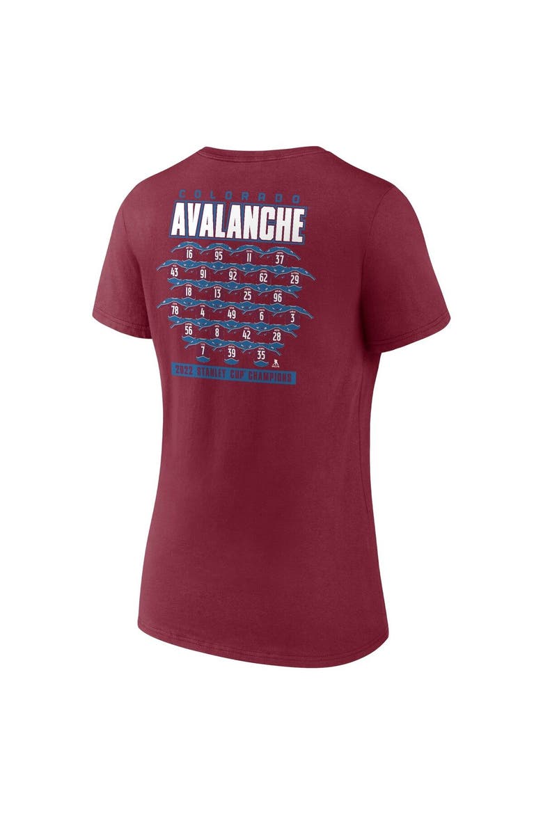 Women's Fanatics Branded Burgundy Colorado Avalanche 2022 Stanley Cup Champions Jersey Roster V-Neck T-Shirt, Alternate, color, Burgundy
