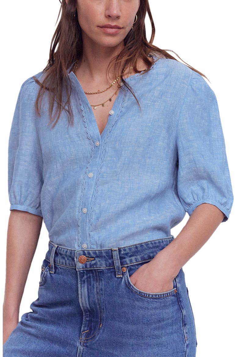 Leah Short Sleeve Linen Button-Up Shirt, Main, color, CHAMBRAY