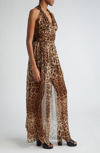 Leopard Print Silk Chiffon Halter Dress
