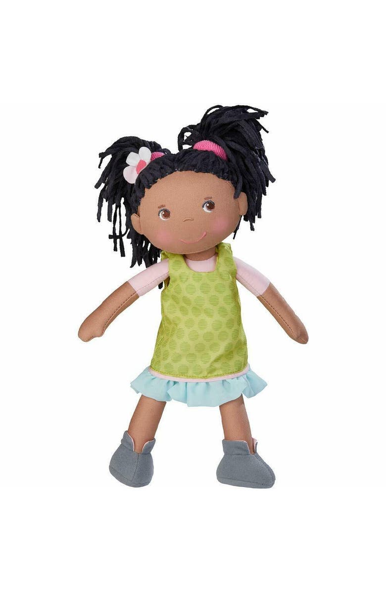 HABA Cari 12" Black Baby Doll with Black Pigtails, Embroidered Face, Removable Green Dress, Machine Washable Soft Baby Doll - 18 Months+, Main, color, Green Multi