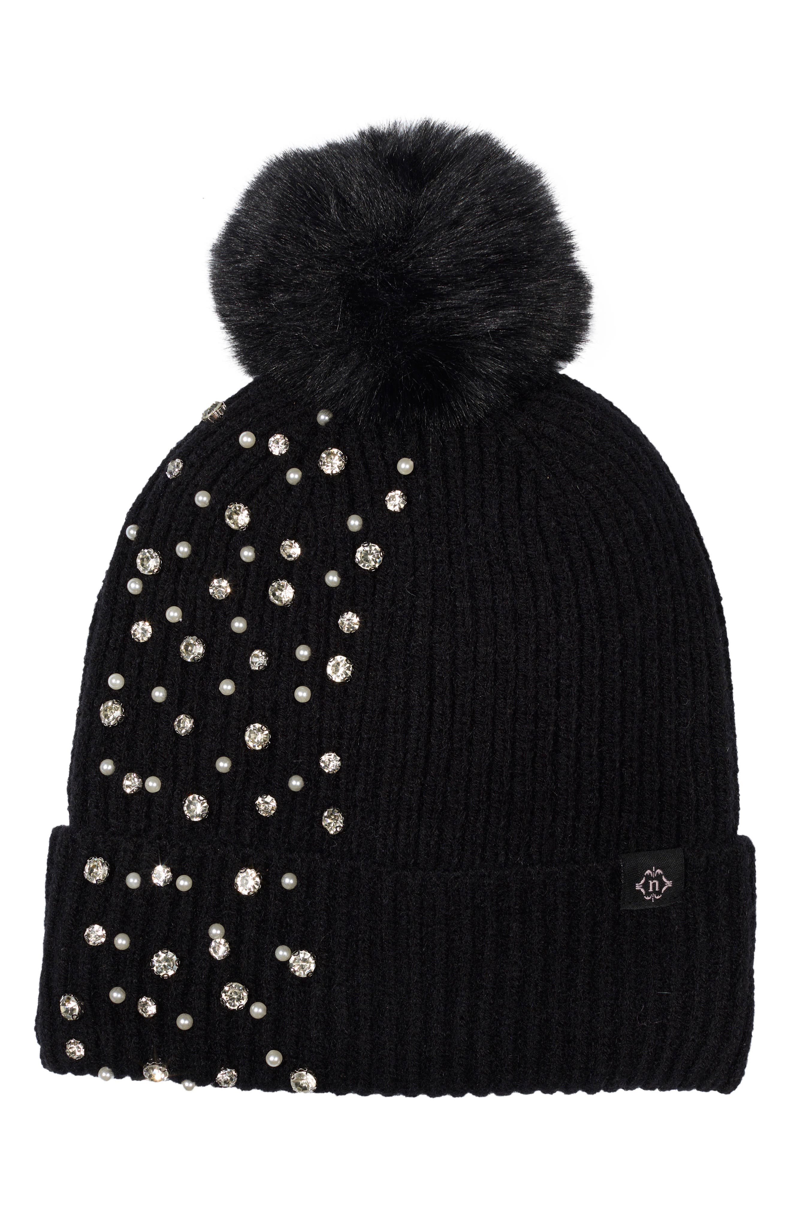 Allover Stud Beanie with Faux Fur Pompom