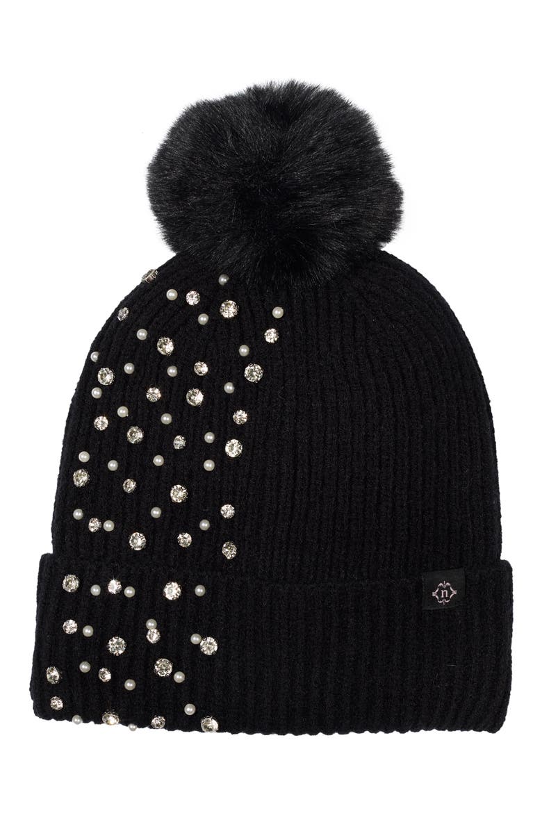 Allover Stud Beanie with Faux Fur Pompom, Main, color, BLACK