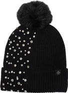 Nanette Lepore Allover Stud Beanie with Faux Fur Pompom