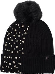 Nanette Lepore Allover Stud Beanie with Faux Fur Pompom