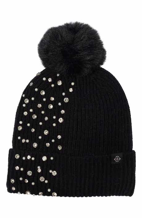 Allover Stud Beanie with Faux Fur Pompom