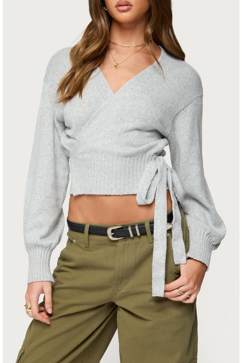 Stella Crop Faux-Wrap Sweater, Main, color, GRAY-MELANGE