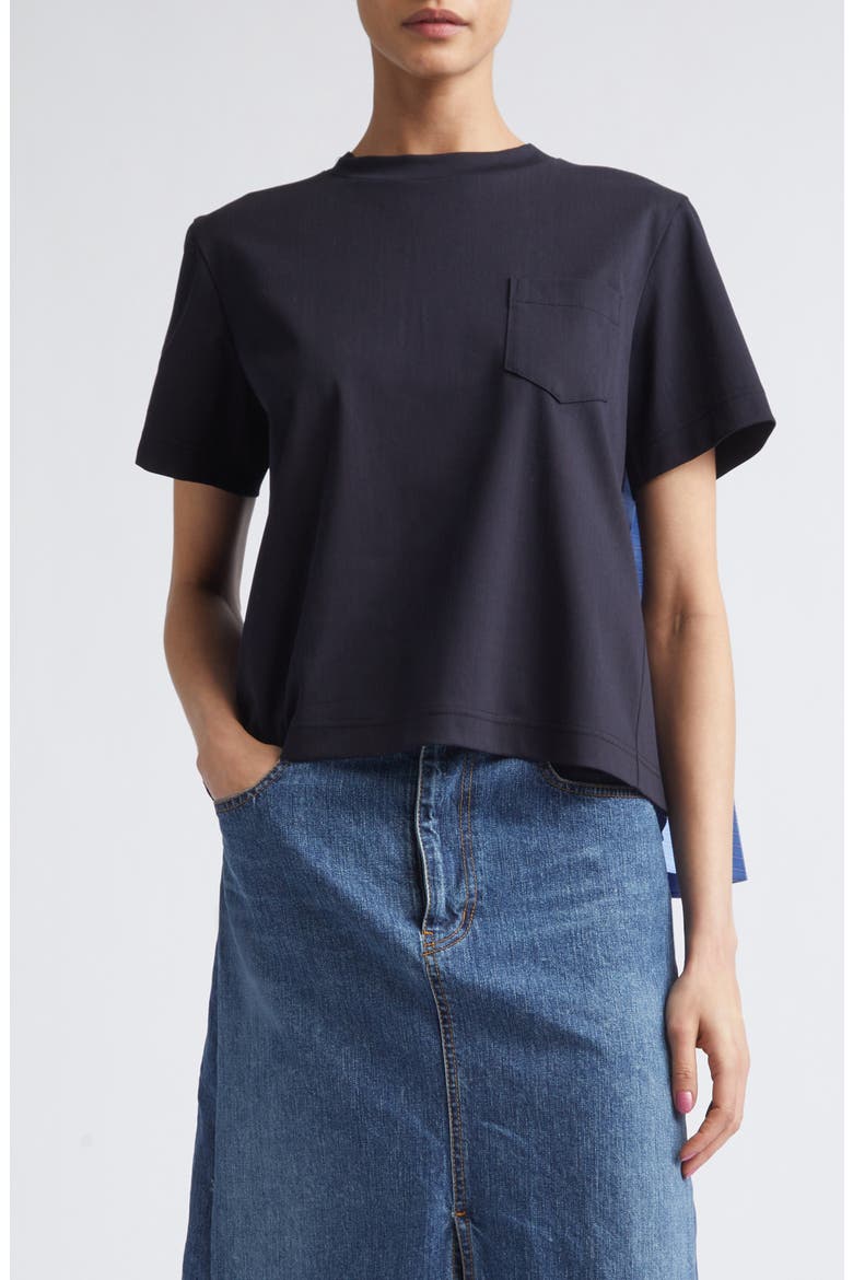 Mixed Media Pleated Poplin & Jersey Pocket T-Shirt, Main, color, NAVY/ BLUE STRIPE