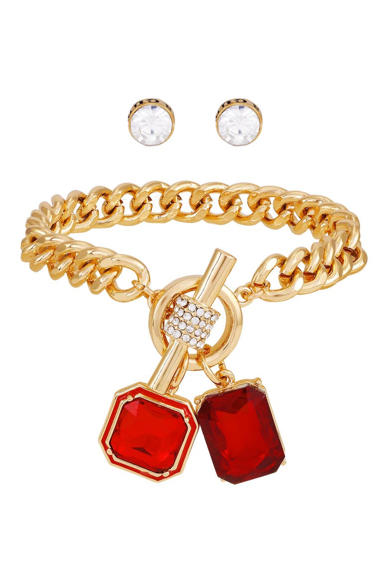 Toggle Bracelet & Stud Earrings Set, Alternate, color, GOLD/RED