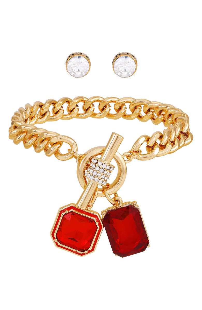 GUESS Toggle Bracelet & Stud Earrings Set, Alternate, color, Gold/Red