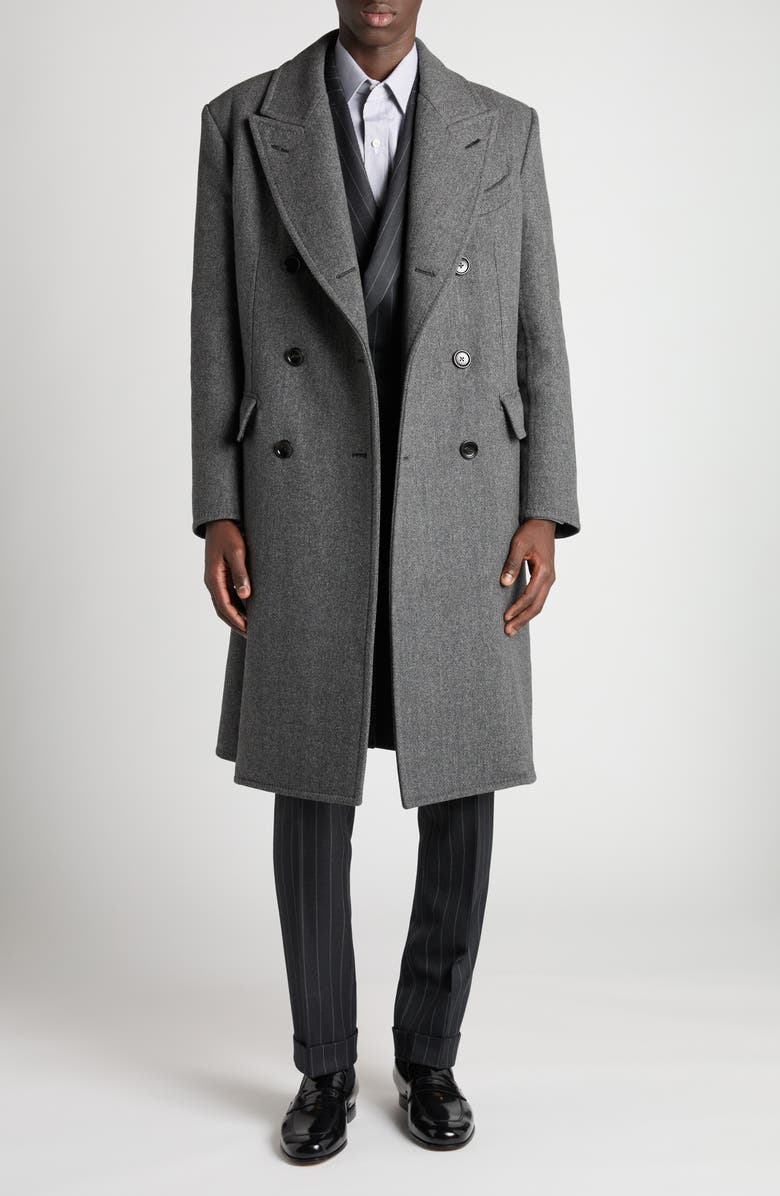 TOM FORD Double Breasted Grey Wool Herringbone Overcoat, Main, color, Combo Dark Grey/ Black