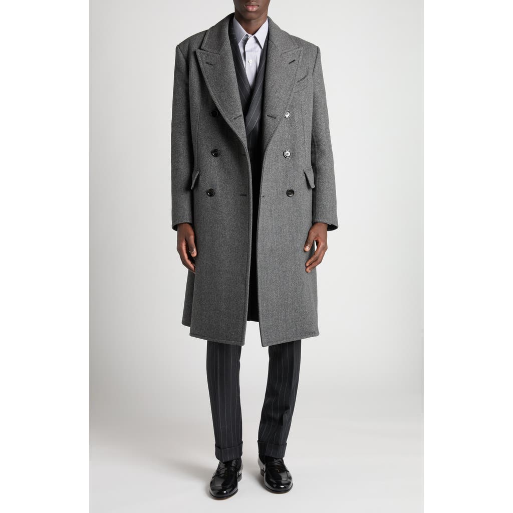 Tom Ford Double Breasted Grey Wool Herringbone Overcoat In Gray