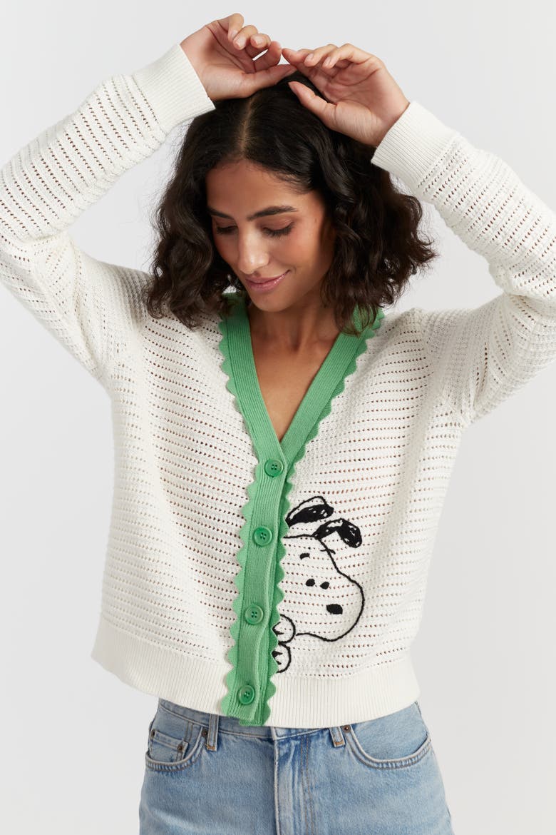 Cotton Snoopy Crochet Peekabo Cardigan, Alternate, color, Cream