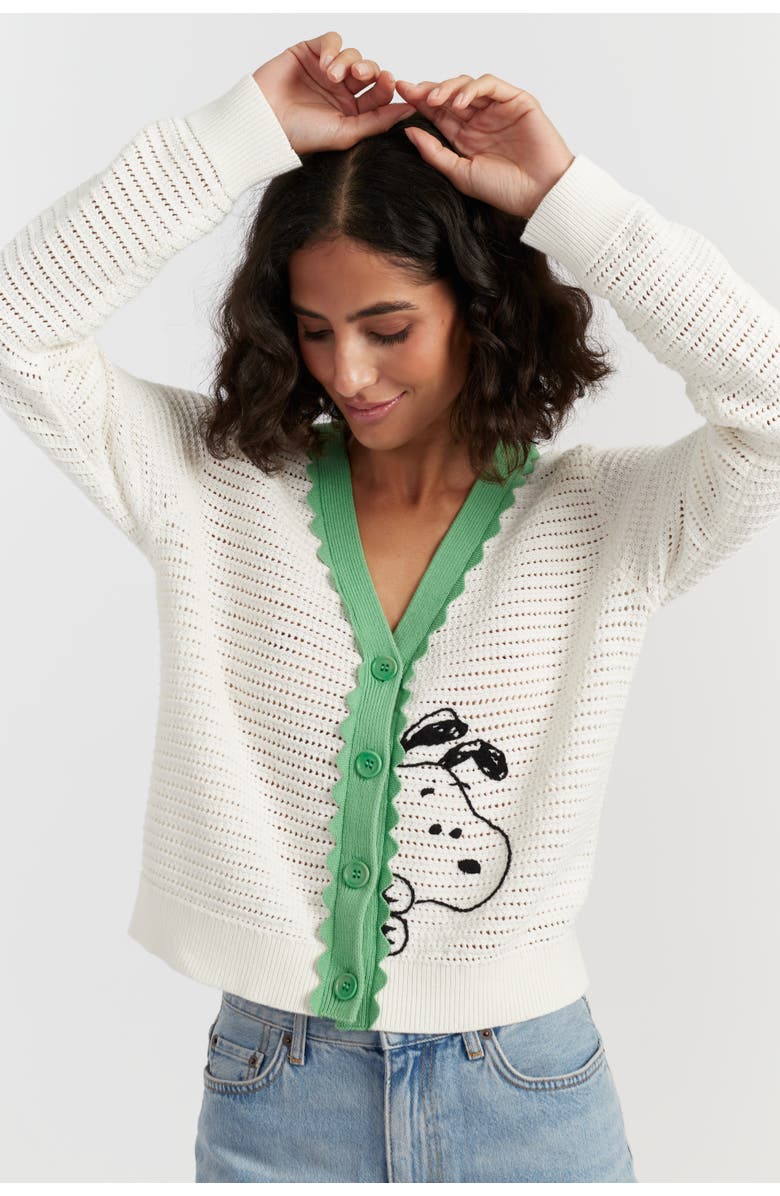 Chinti & Parker Cotton Snoopy Crochet Peekabo Cardigan, Alternate, color, Cream