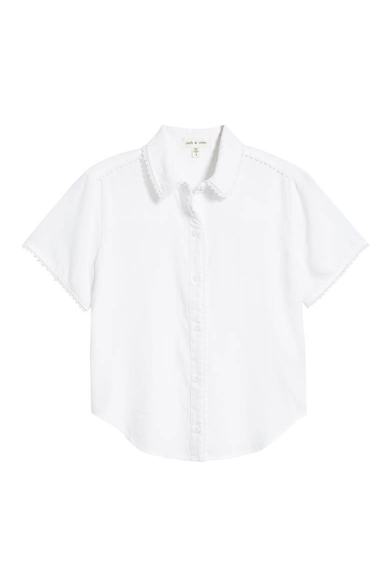 Picot Trim Short Sleeve Button-Up Shirt, Alternate, color, WHITE