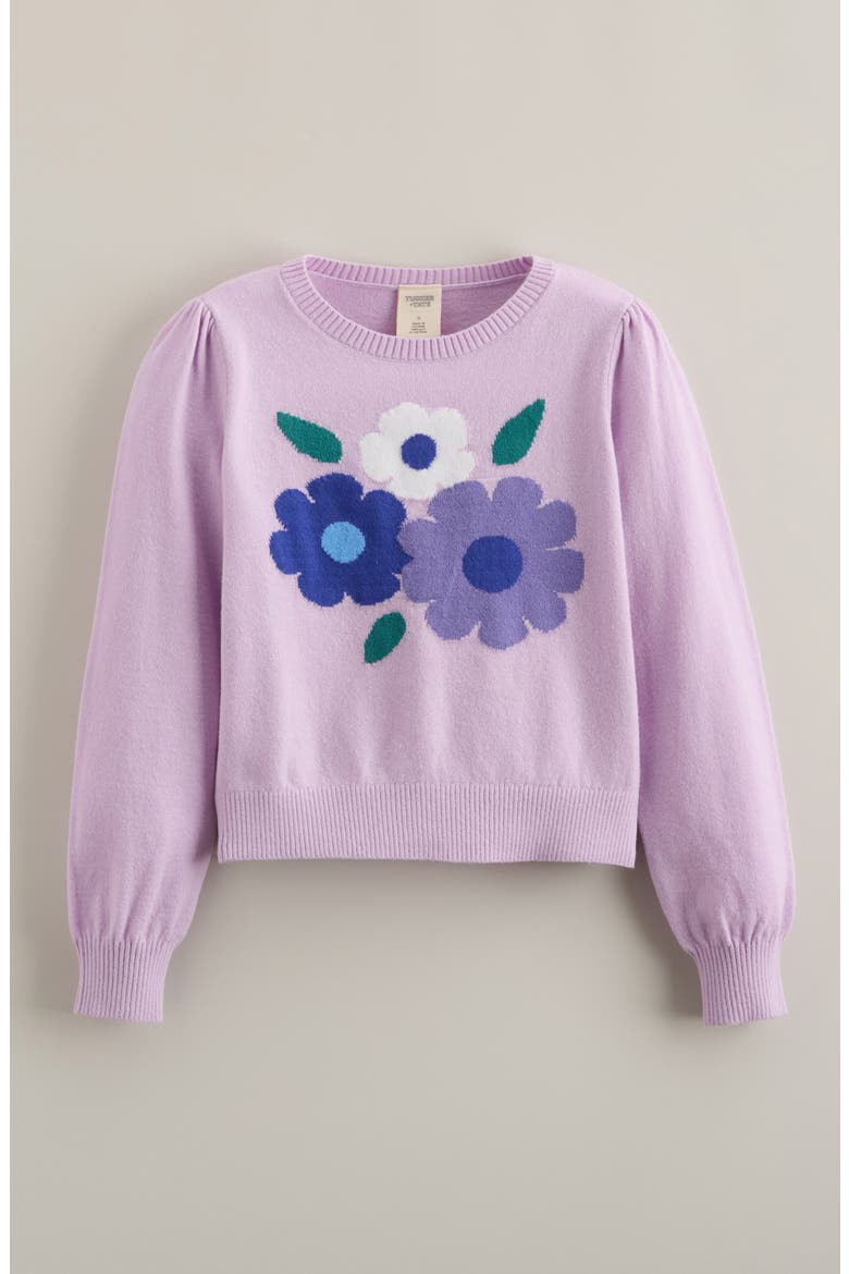 Kids' Icon Intarsia Puff Shoulder Cotton Blend Sweater, Main, color, PURPLE BLOOM FLOWERS