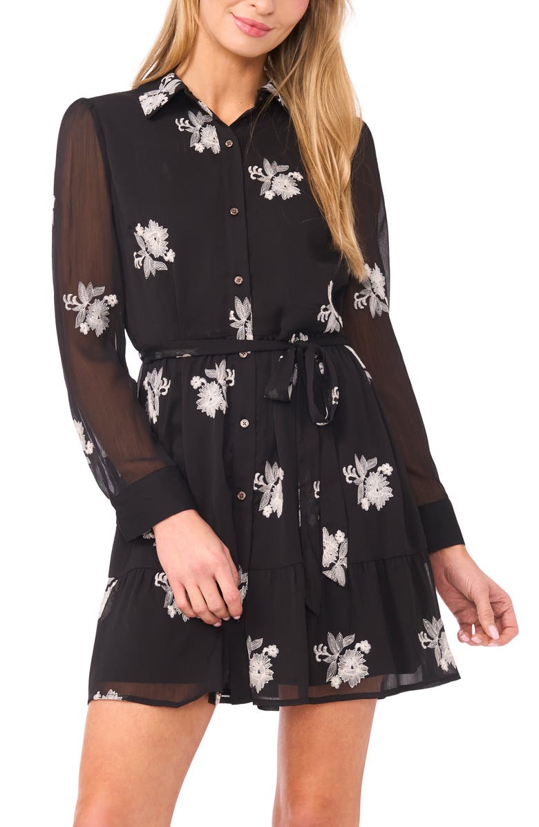 CeCe Embroidered Floral Long Sleeve Mini Shirtdress, Alternate, color, Rich Black