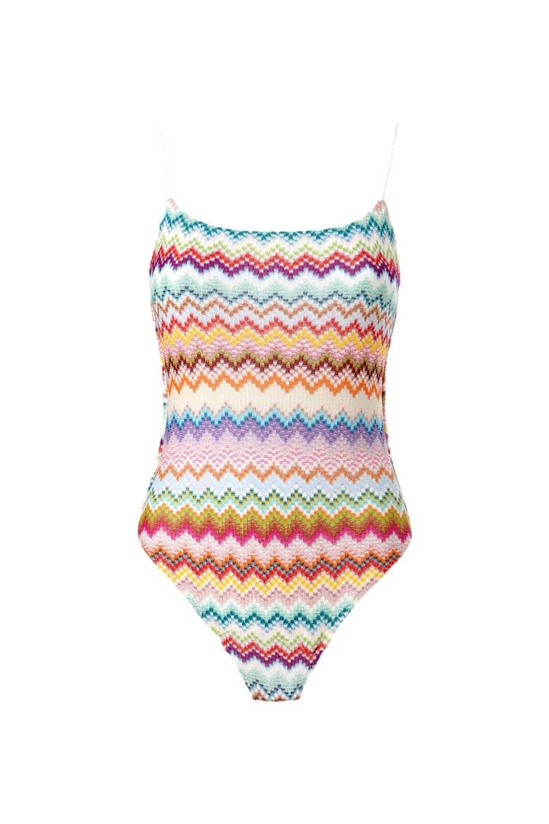 One-piece Swimsuit In Lamé Viscose With Pixel-effect Zigzag Pattern, Alternate, color, Multicoloured