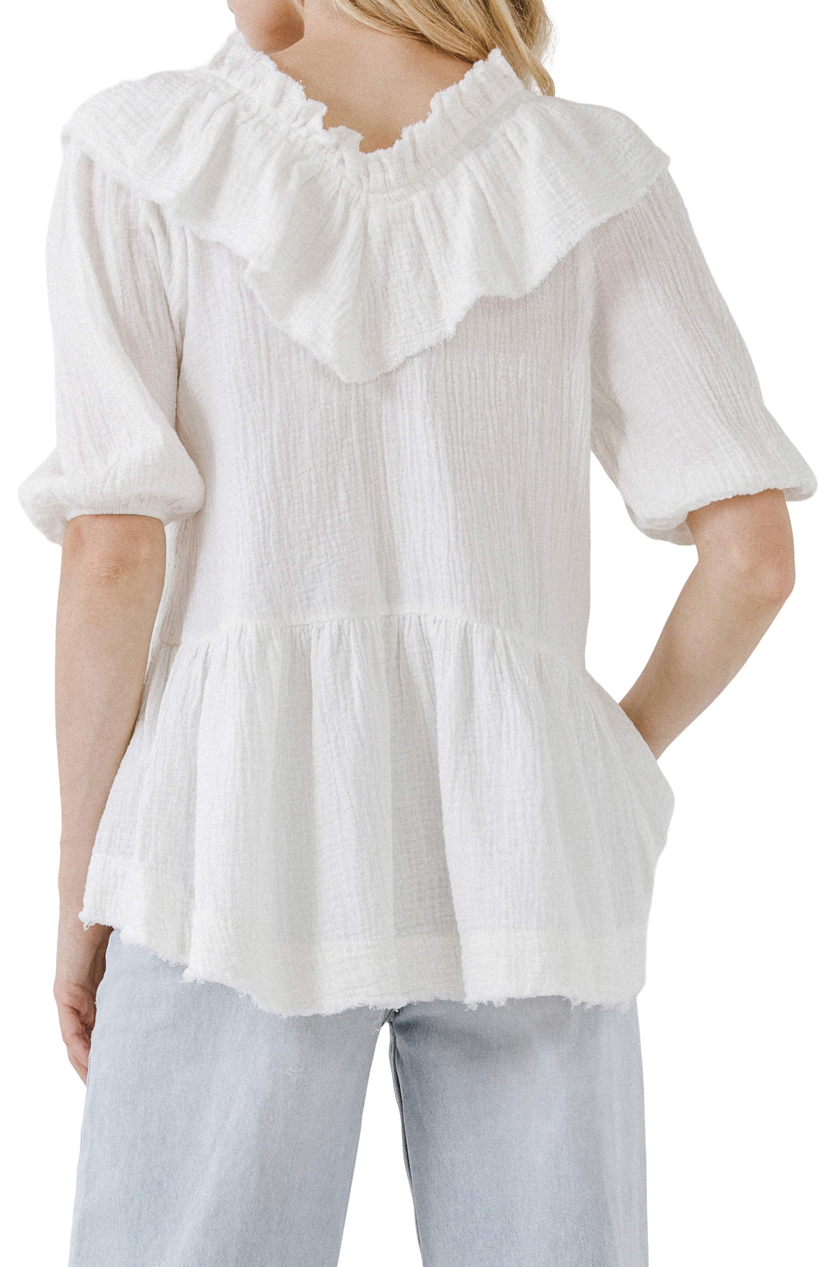Ruffle Neck Cotton Blouse - image 2