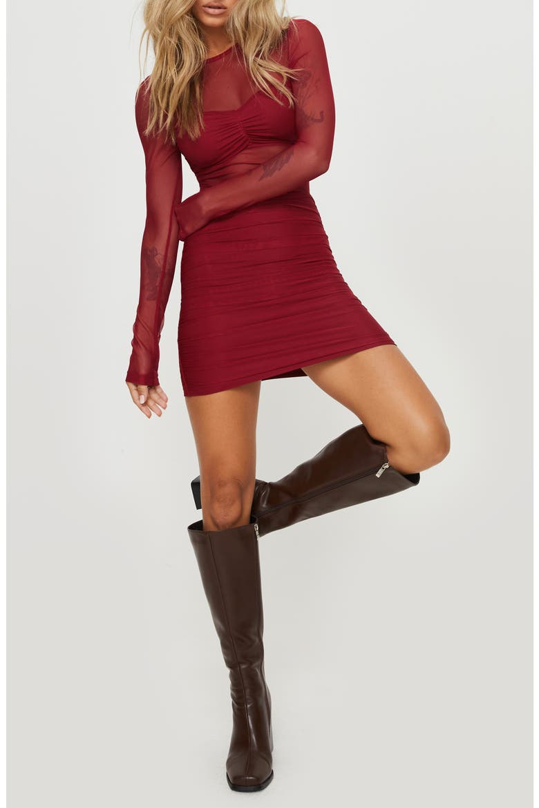 Hapstall illusion Mesh Long Sleeve Minidress, Main, color, DARK RED