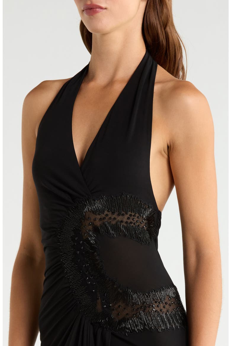 Natalina Beaded Cutout Halter Jersey Gown, Alternate, color, BLACK